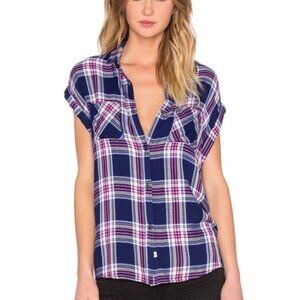 Rails Navy Blue Red Britt Plaid Cap Sleeve Shirt Blouse Top